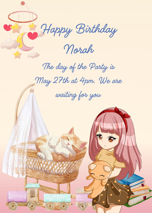Cute little girls wants to give her teddy bear a rest. But the bed is occupied by her kitten. Printable birthday card for girls 1-9.