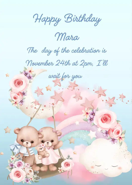Two cute teddy bears with a flowery swing attached to the moon. A rainbow of flowers and stars. Printable birthday card for kids 1-8.
