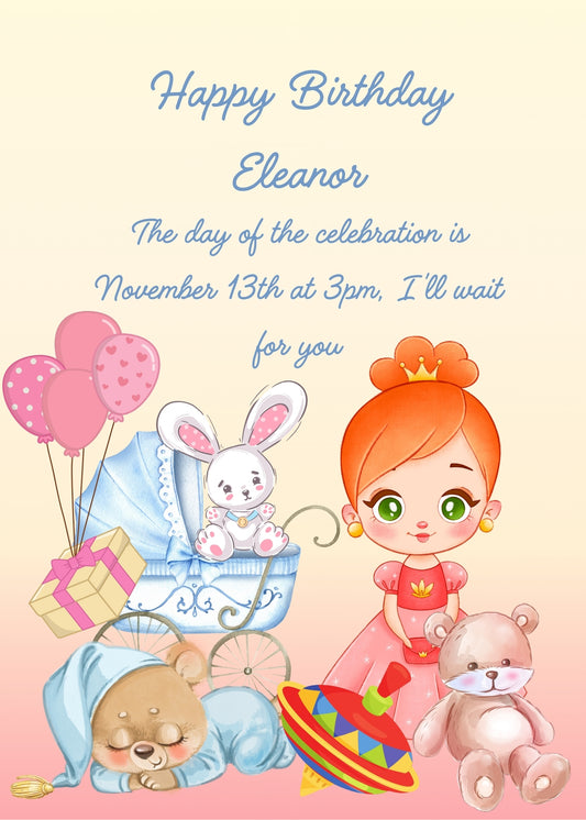 Cute doll and spinnig top, in the foreground. A teddy bear in pajamas, sleeps among other romantic toys. Printable birthday card for girls 1-9.