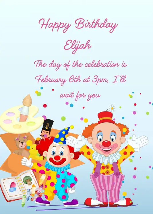 Two clowns with bright clothes toys, paints  and confetti. This card is very cheerful and colorful. Printable birthday card for kids 6-12.