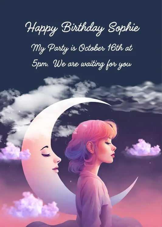 Night sky, large moon with feminine features. A girl in profile with the same features. Printable birthday card for girls 10-14.