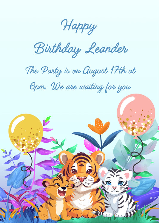 A tiger with her cubs with balloons, among colorful jungle plants and ballons. Printable birthday card for kids 5-10.