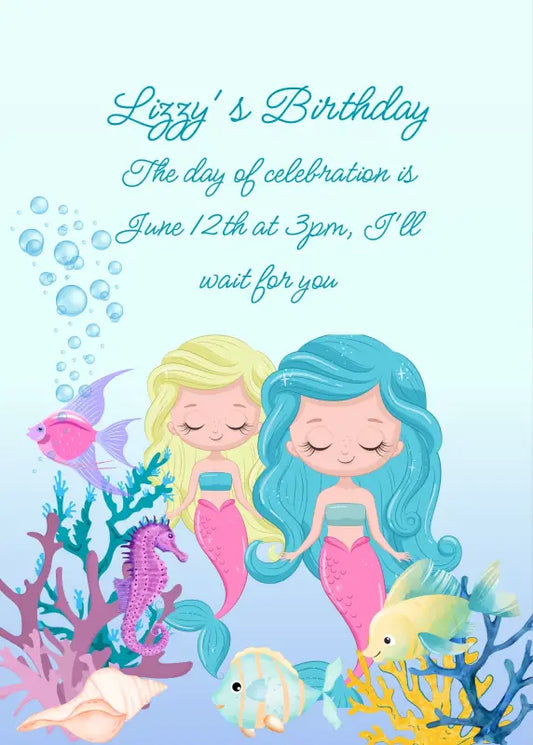 Funny little mermaid sisters with colorful hair, swim together among little fish and corals. Printable birthday card for 
girls 3-10.