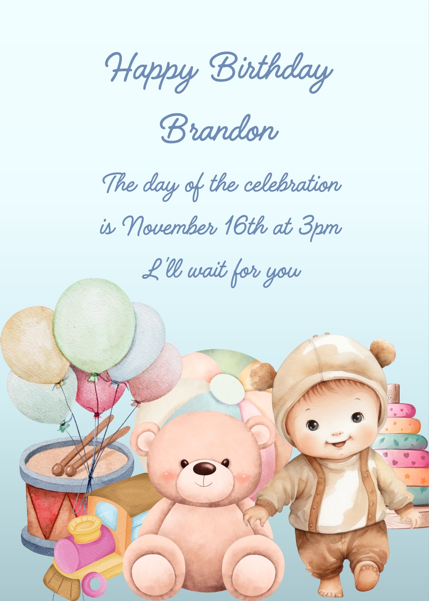 Close-up a teddy bear, with a child in a teddy bear suit. In the background colorful toys. Printable birthday card for kids 1-8.