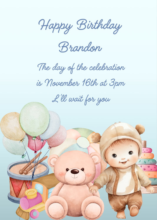 Close-up a teddy bear, with a child in a teddy bear suit. In the background colorful toys. Printable birthday card for kids 1-8.