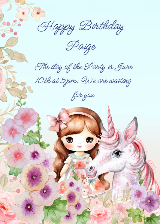 In a garden full of colorful flowers, a little girl with a unicorn. Printable birthday card for girls 6-12.