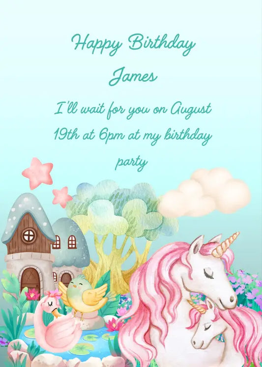 In the foreground mother unicorn with her little one. In the background, pretty little houses and a pond with swan. Printable birthday card for kids  1-7.