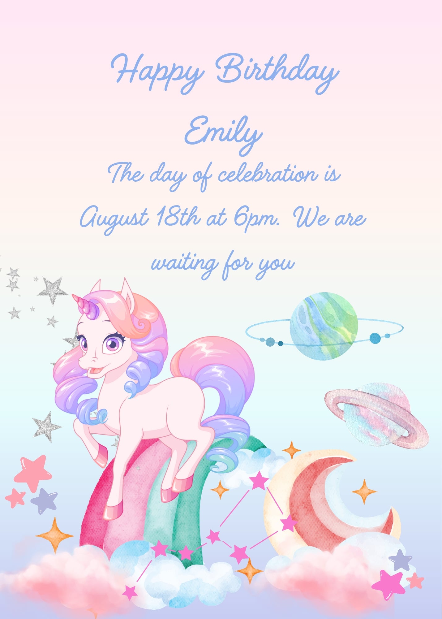 A colorful unicorn on a rainbow in the middle of the clouds, with Saturn, Moon, and Ursa Major, around it. Printale birthday card for kids 1-9.