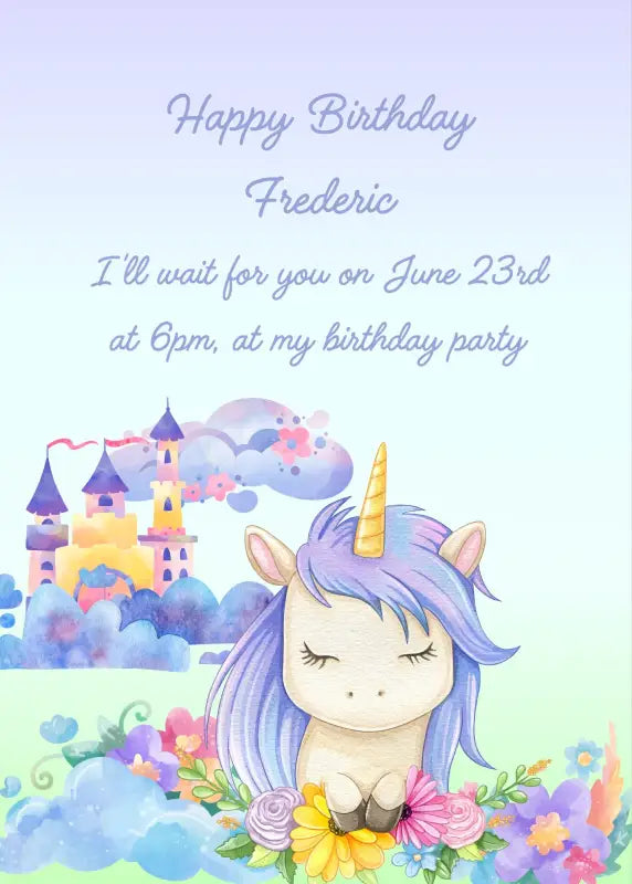 Little unicorn with blue mane and fowers. In the background landscape with clouds and castles. Printable birthday card for kids 1-8.