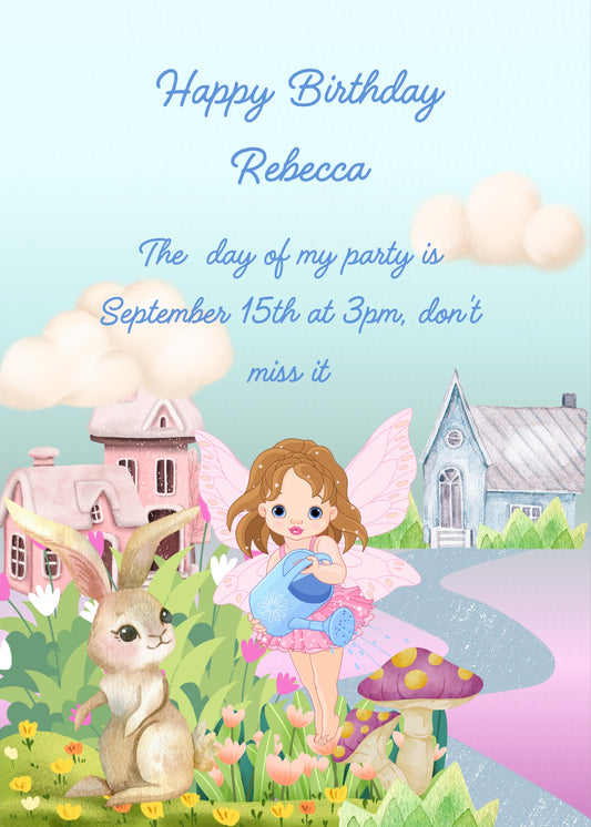 A colorful village, a flying fairy watering the garden, and a bunny watching her. Printable birthday card for girls 9-14.