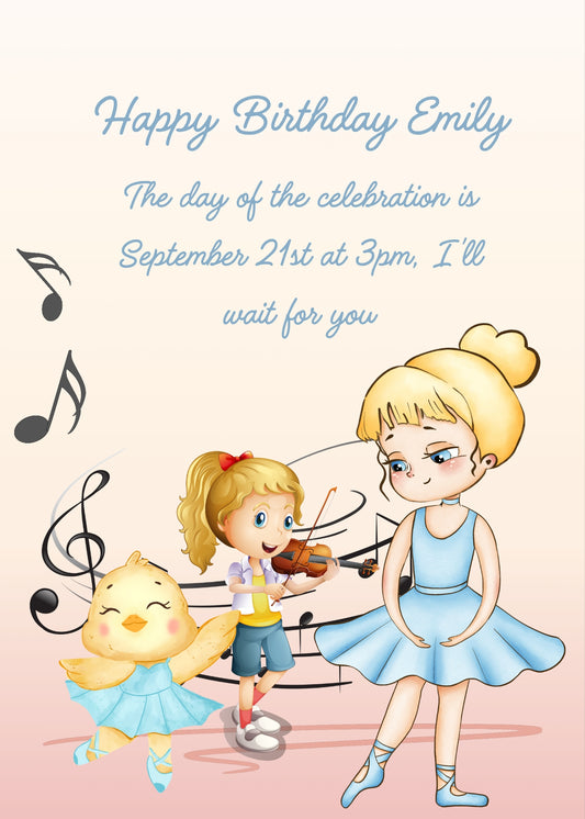 A little girls plays the violin, while a ballerina watches a canary dance. Printable birthday card for girls 5-12.
