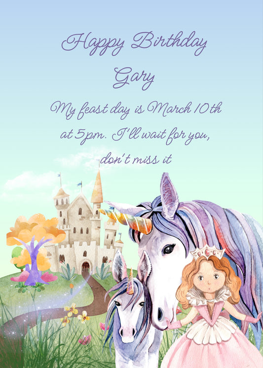 Landscape with castle and fairy road. Two unicorns in the foreground and princess. Printable birthday card for kids 8-14.
