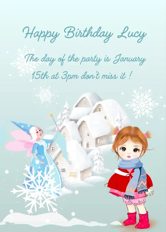 A cute little girl with snowy landscape in the background, snowflakes, and a fairy with wings. Printable birthday Christmas card for girls 6-12.