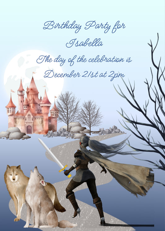 A princess dressed as a warrior, walks towards the castle. At her side two wolves. Printable birthday card for girls 10-14.