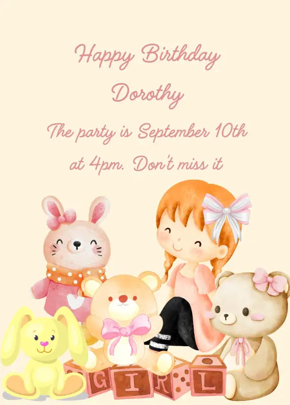 Cute little girl sitting among her favorite toys; teddy bears and bunnies. Printable birthday card for girls 1-9
