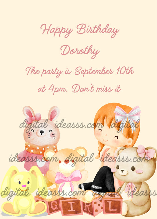 Cute little girl sitting among her favorite toys; teddy bears and bunnies. Printable birthday card for girls 1-9. 
