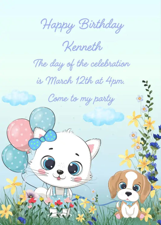 The little cat Trilly, with her balloons, takes her little dog into the garden, holding him on a leash. Printable birthday card for kids 1-10.
