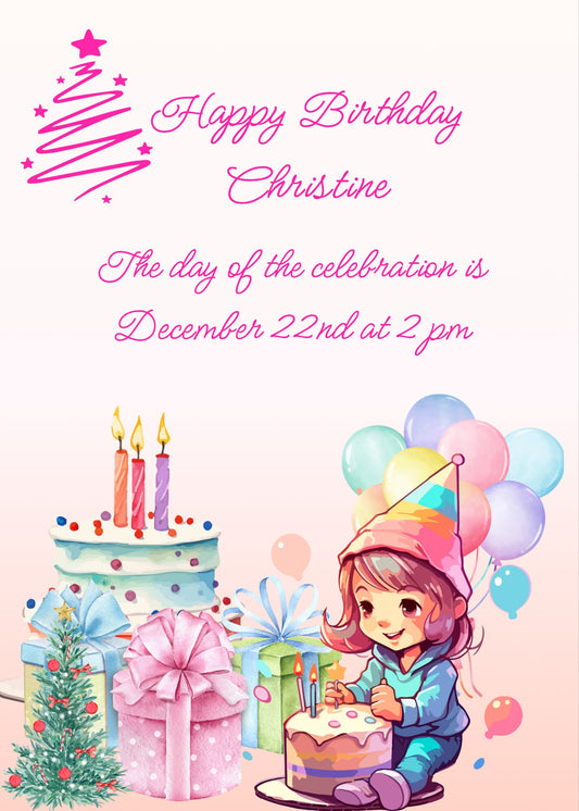 Little girl sitting on the floor, with cakes, gifts, balloons and Christmas tree. Printable birthday Christmas card for 
girls 5-12.