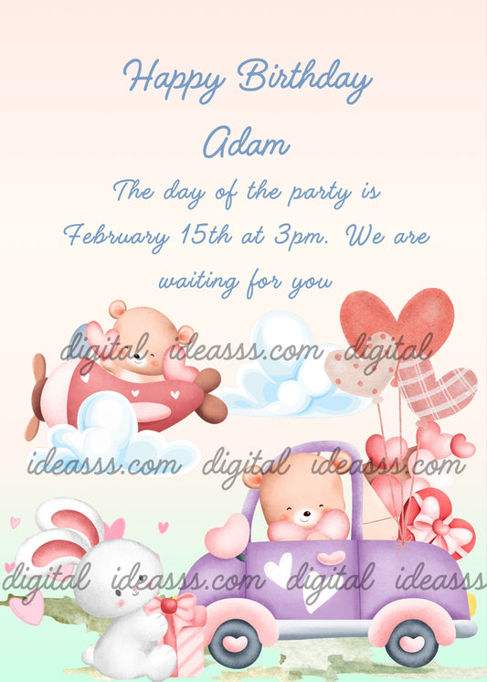 Romantic teddy bears traveling with car, airplane and balloons. Printable birthday card for kids 1-7.