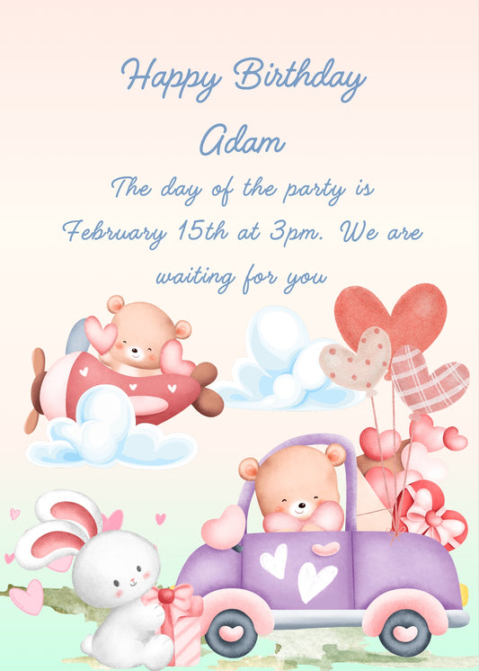 Romantic teddy bears traveling with car airplane and balloons. Printable birthday  card for kids 1-7.