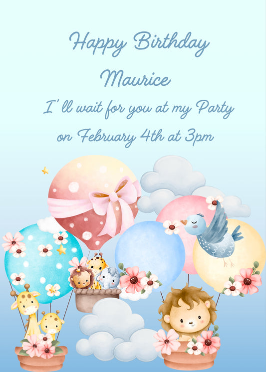 Jungle animals traveling in hot air balloons with flowers. Printable birthday card for kids 1-8.