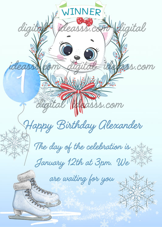 Tinkerbell, the kitten wins first prize in figure skating. Printable birthday card for kids 1-9. 