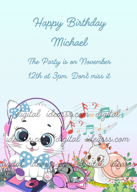 Trilly, the kitten listens to her music in a meadow together with a little snail. Printable birthday card for kids 1-12.