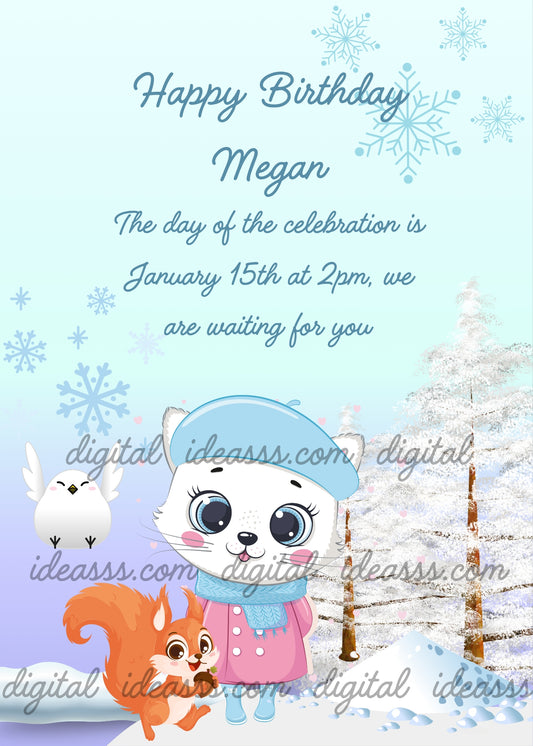 Tinkerbell the kitten, in winter clothes in a snowy forest, together with a squirrel and a bird. Printable birthday card for kids 1-9