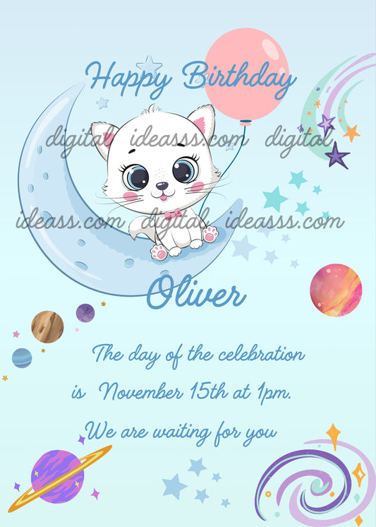 Tinkerbell kitten sitting on crescent moon with balloon. In the background planets and stars. Printable birthday card for kids 1-9. 