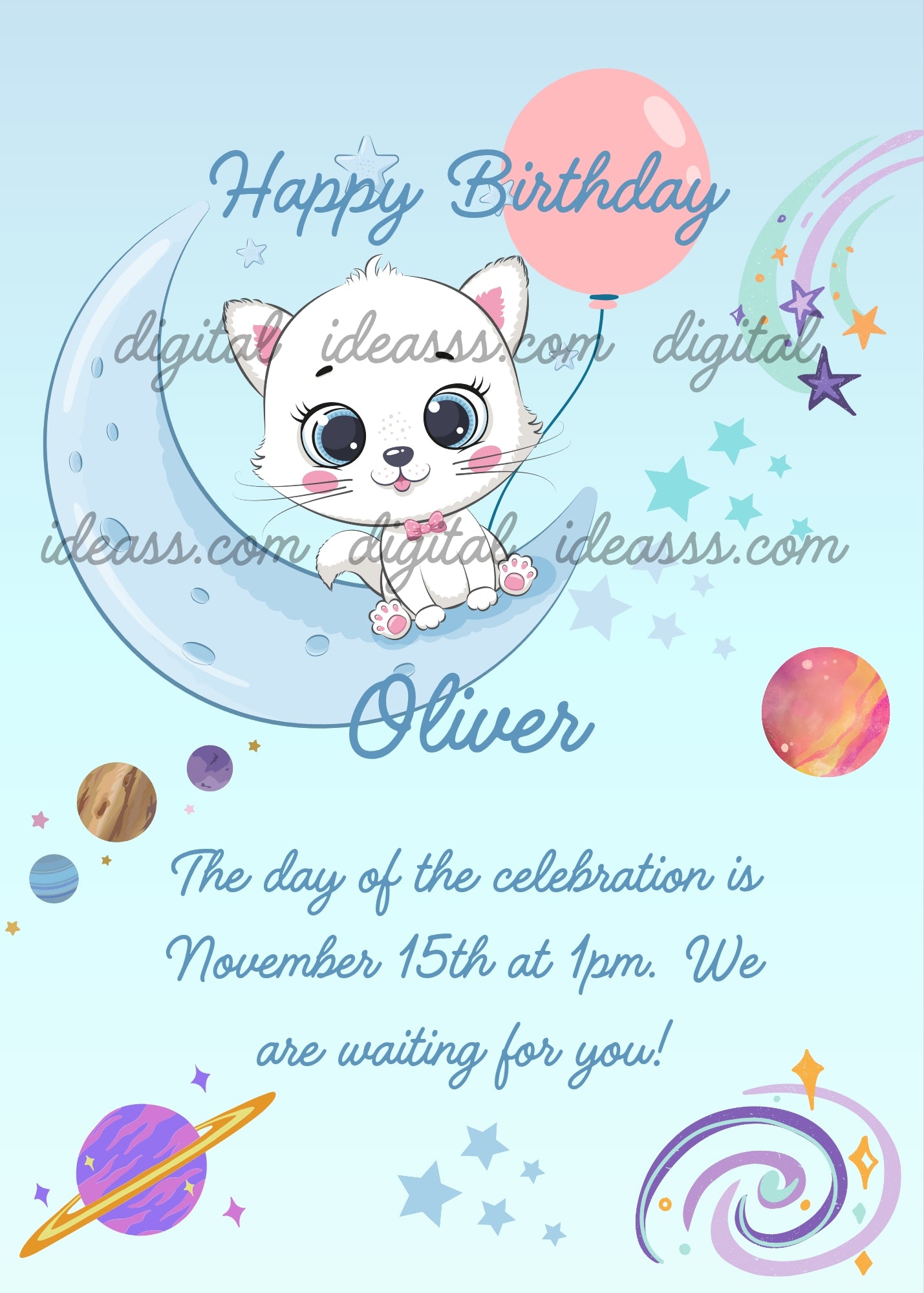 Tinkerbell kitten sitting on crescent moon with balloon. In the background planets and stars. Printable birthday card for kids 1-9. 
