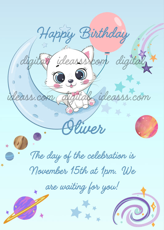 Tinkerbell kitten sitting on crescent moon with balloon. In the background planets and stars. Printable birthday card for kids 1-9. 