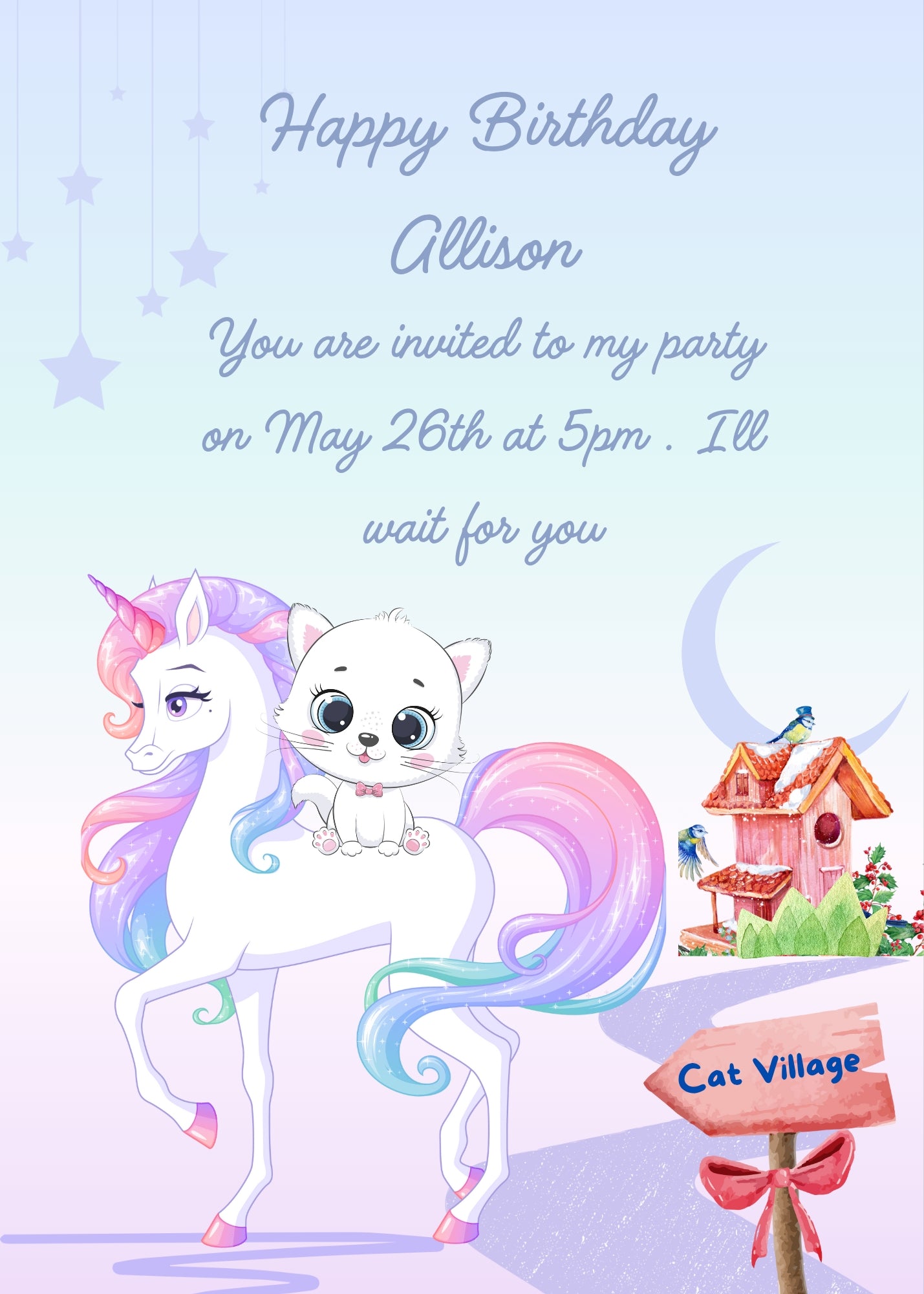 Tinkerbell, the kitten goes to the "Cat village"  with her unicorn. Printable birthday card for kids 1-10.
