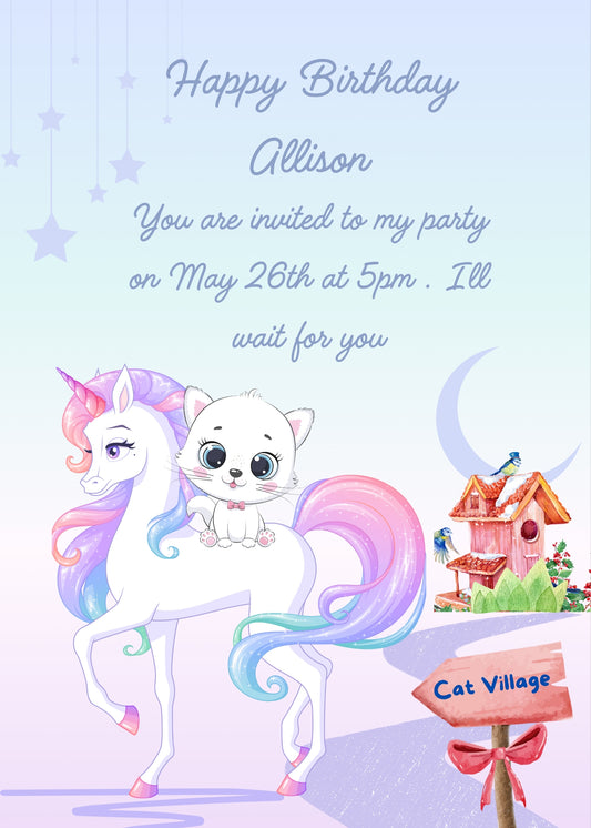 Tinkerbell, the kitten goes to the "Cat village"  with her unicorn. Printable birthday card for kids 1-10.
