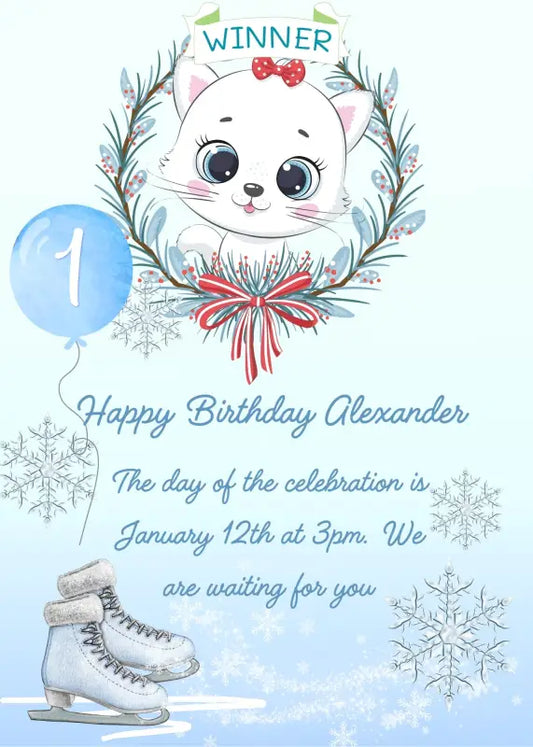 Tinkerbell, the kitten in a frame. Winner on the first prize in figure skating. Printable birthday card for kids 1-9.