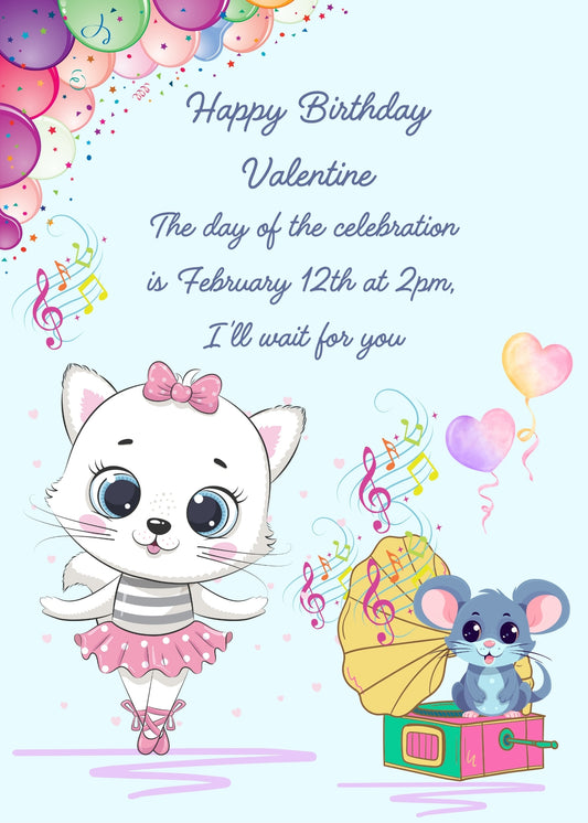 A little mouse makes music with an old gramophone, the little cat Tinkerbell, dances dressed as a classical dancer. Printable birthday card for girls 1-9.