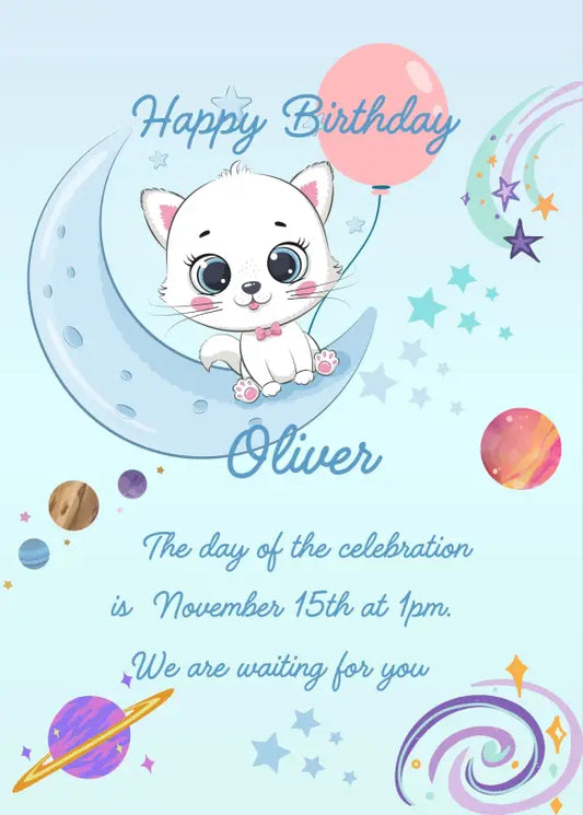 Tinkerbell kitten sitting on crescent moon with balloon. In the background planets and stars. Printable birthday card for 
kids 1-9.