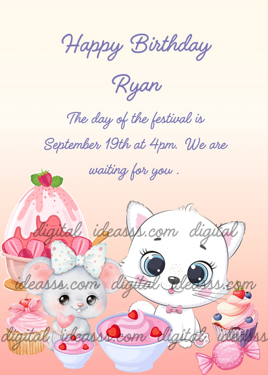 Trilly celebrates her birthday with a cute little mouse, cake and strawberry ice cream. Printabe birthday card for kids 1-9.