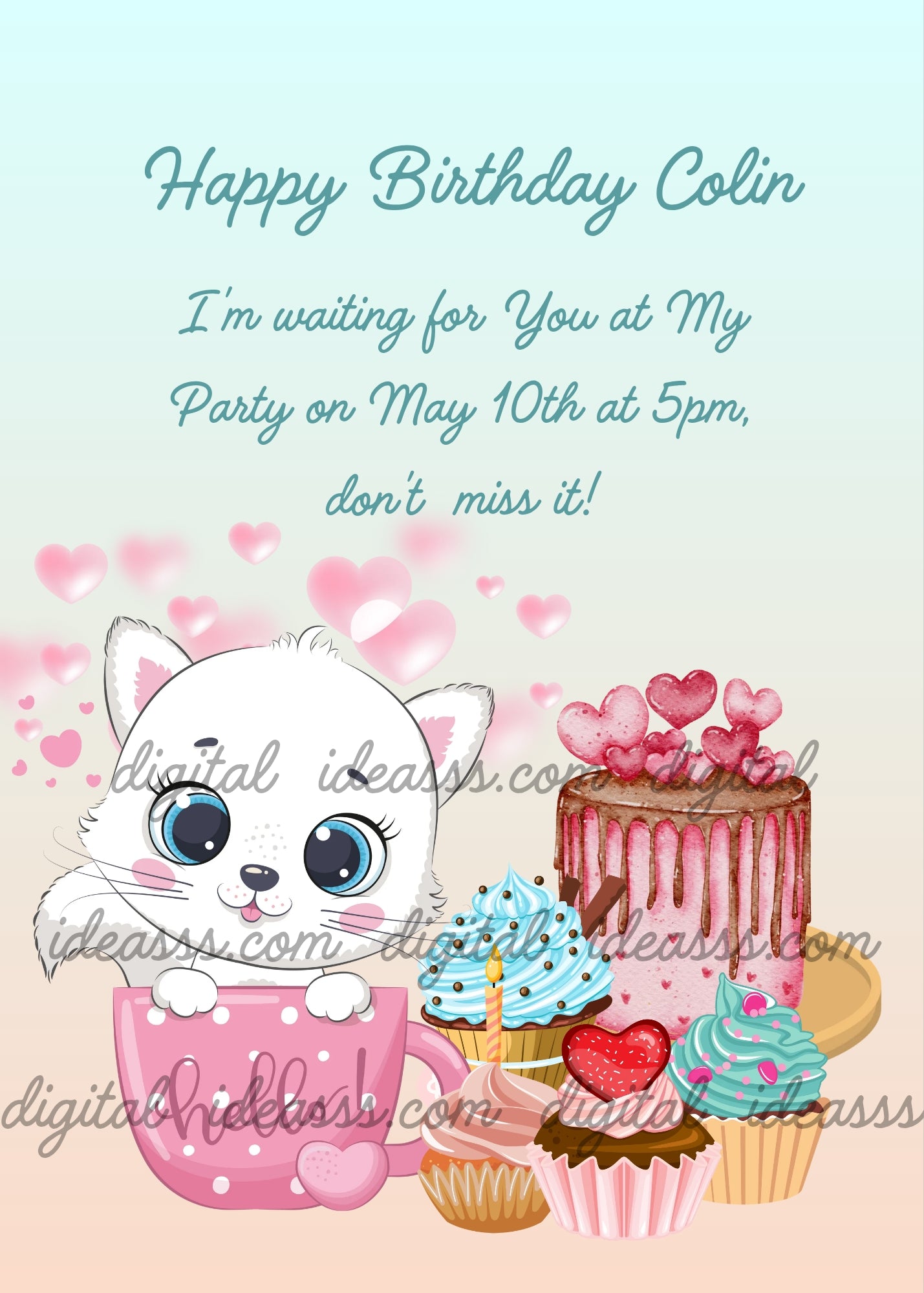 Trilly the kitten, shows herself from inside a cup presenting cupcakes and cakes preparated by her. Printable birthday card for kids 1-9. 