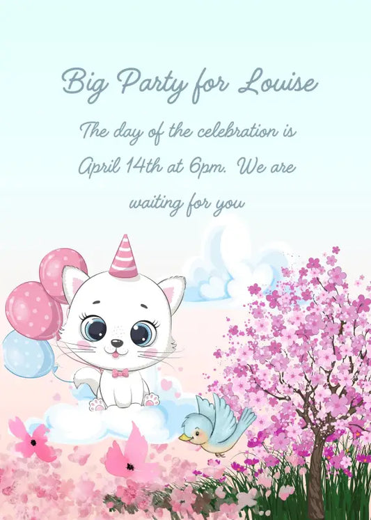 From a flower garden, the kitten Trilly flies on a cloud with her balloons. Printable birthday card for kids 1-9.