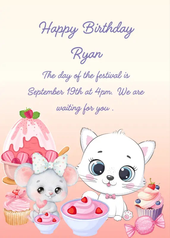Trilly celebrates her birthday with a cute little mouse, cake and strawberry ice cream. Printabe birthday card for kids 1-9.
