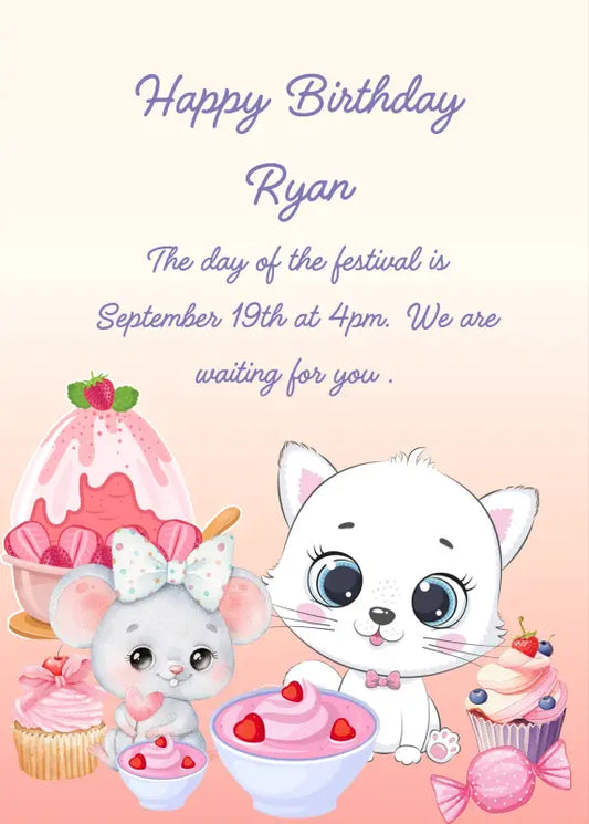 Trilly celebrates her birthday with a cute little mouse, cake and strawberry ice cream. Printabe birthday card for kids 1-9.