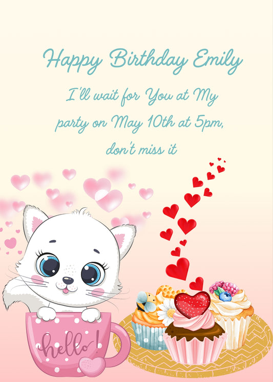 Trilly the kitten  inside a cup, shows the cupcakes, she has prepared. Printable birthday card for kids 1-8.