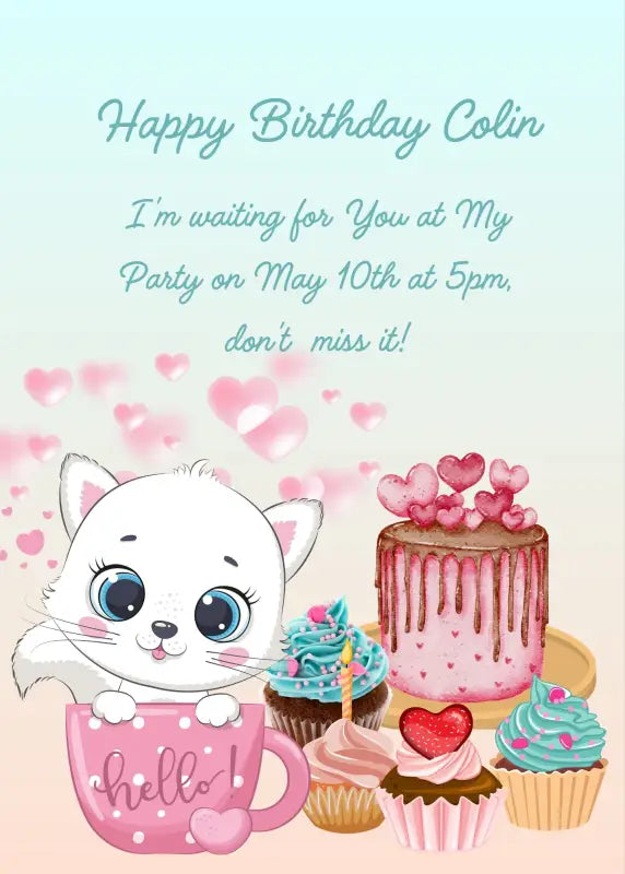 Trilly the kitten, shows herself from inside a cup presenting cupcakes and cakes preparated by her. Printable birthday card for kids 1-9.