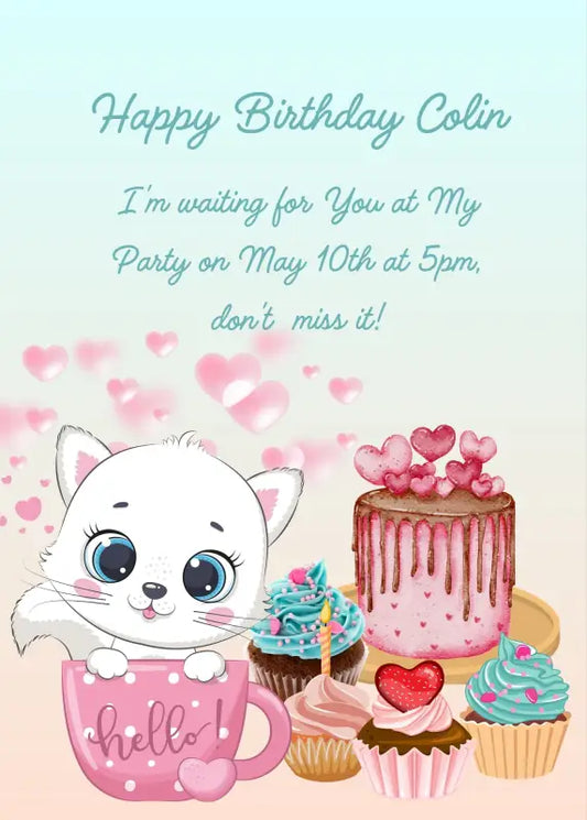Trilly the kitten, shows herself from inside a cup presenting cupcakes and cakes preparated by her. Printable birthday card for kids 1-9.