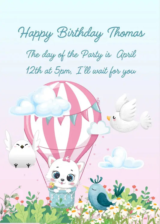 Tinkerbell the cat, traveling with a hot air balloon. Llttle birds flying around her. Printable birthday card for kids 1-10.