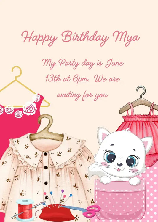The tailoring of the kitten Trilly: clothes created with exclusive taste, and always fashionable. Trlly among the clothes herself inside a pocket. Printable birthday card for girls 1-9.