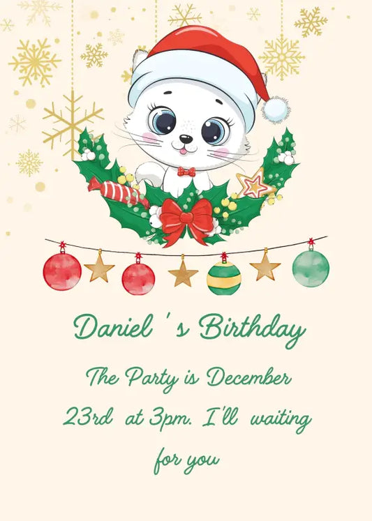Tinkerbell the kitten, wearing a Christmas hat, holly, and Holiday decorations. Printable birthday Christmas card for kids 1-12.