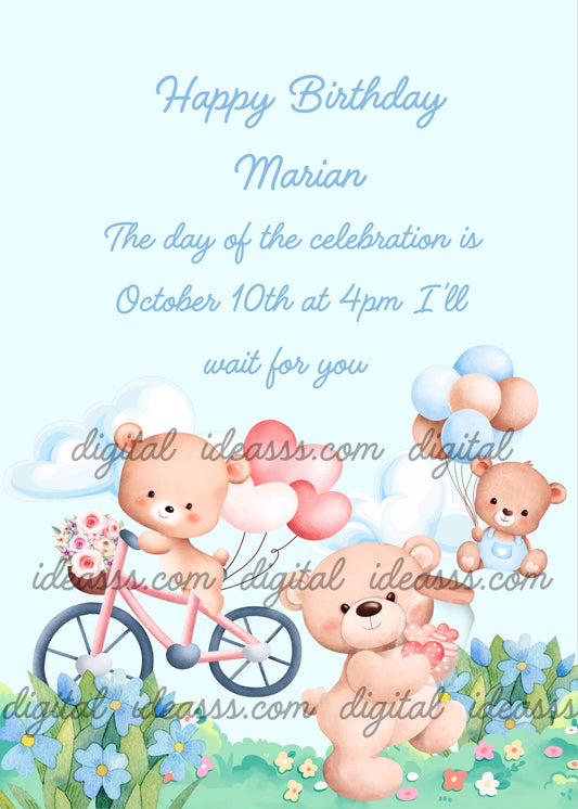 Teddy bears on a trip to a countryside with balloons and bicycles. Printable birthday card for kids 1-7.