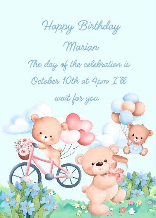 Cute teddy bears enjoying to countryside: one is on a bike, another is walking and one is flying with balloons. Printable birthday card for kids 1-7.
