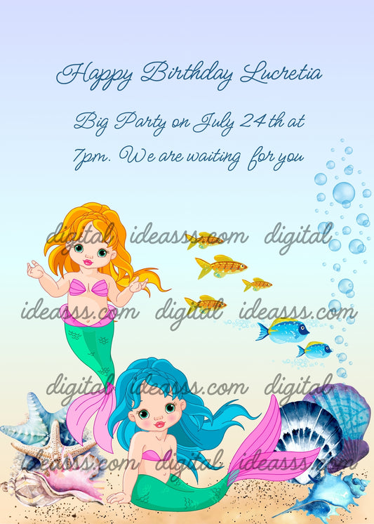 Twin baby mermaids with shells and starfish on the seabed. Printable birthday card for girls 8-12. 